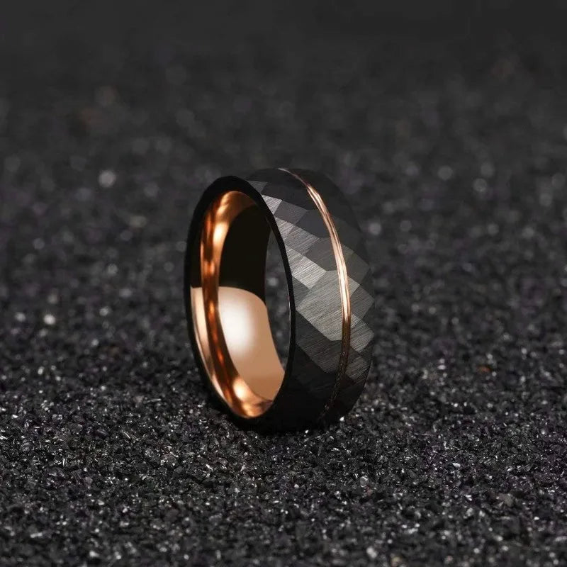 AVERLLA™ Black Tungsten Wedding Band with Rose Gold Groove & Hammered Design