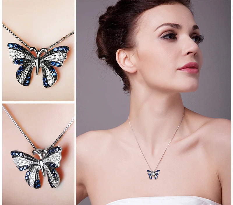 AVERLLA™ Butterfly Created Blue Spinel Silver Pendant Necklace