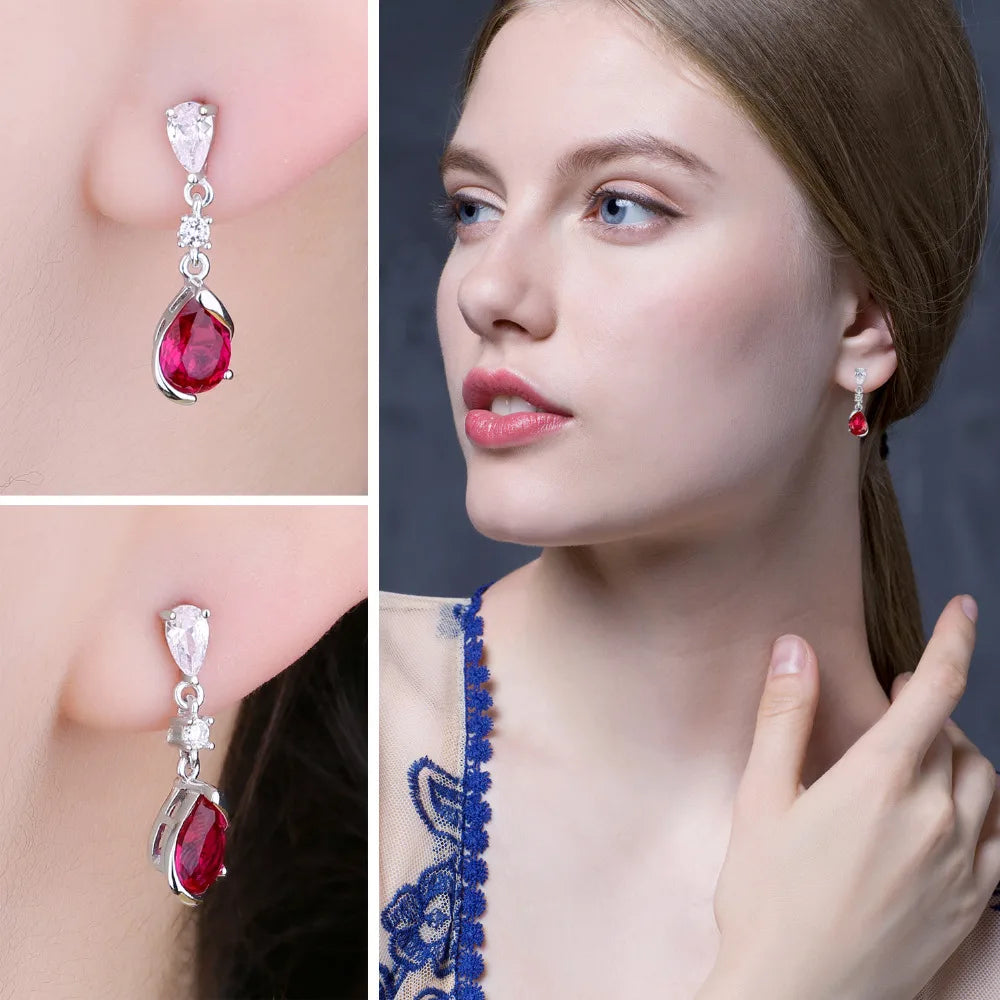 AVERLLA™ 1.9ct Pear-Shaped Created Red Ruby Silver Drop Earrings