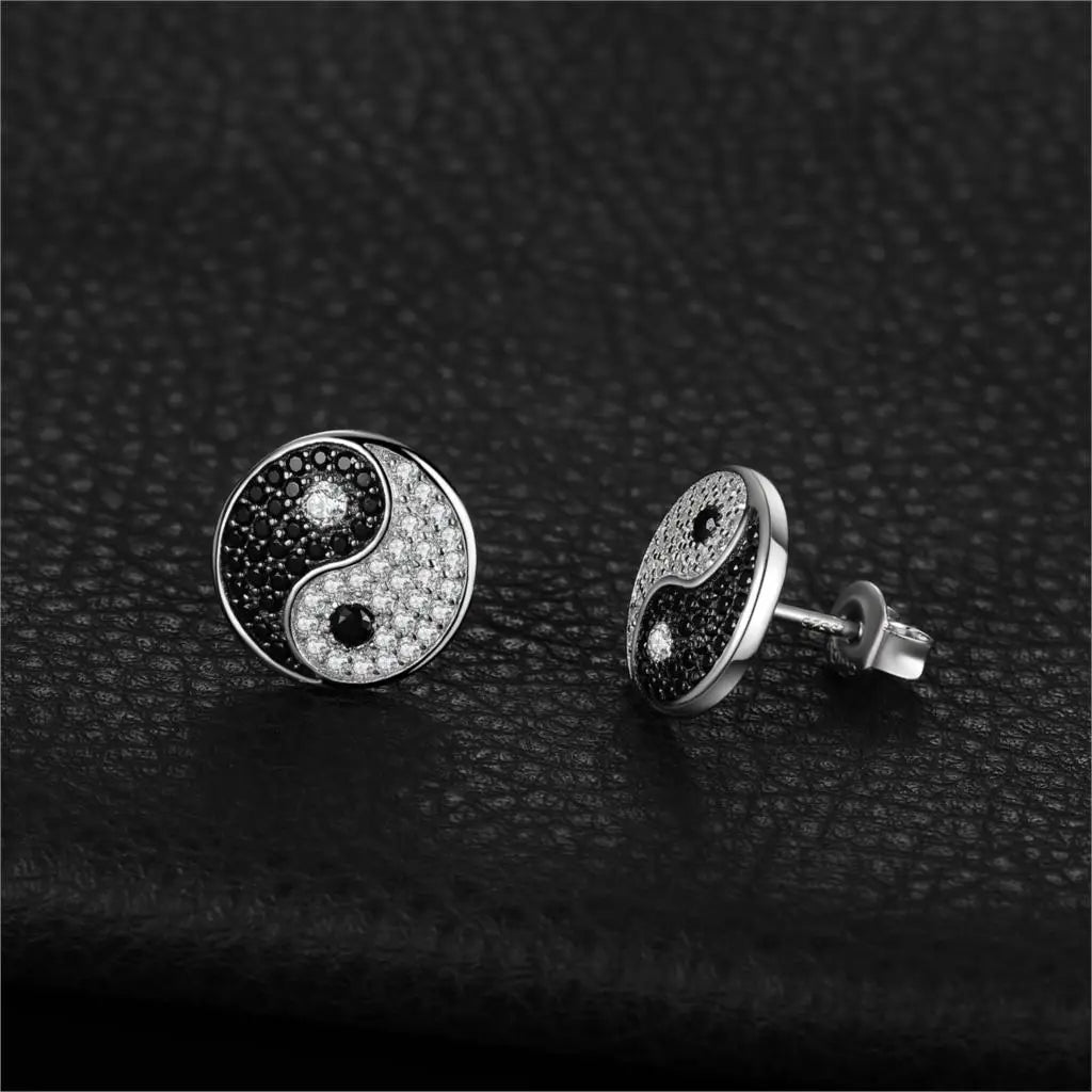 AVERLLA™ Tai Chi Yin Yang Genuine Black Spinel 925 Sterling Silver Round Stud Earrings for Women