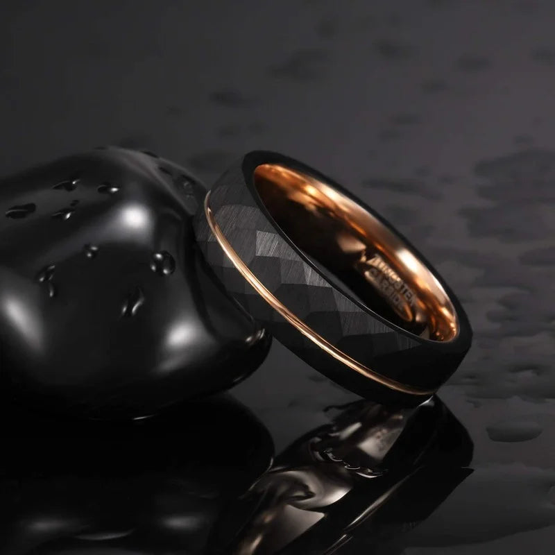 AVERLLA™ Black Tungsten Wedding Band with Rose Gold Groove & Hammered Design