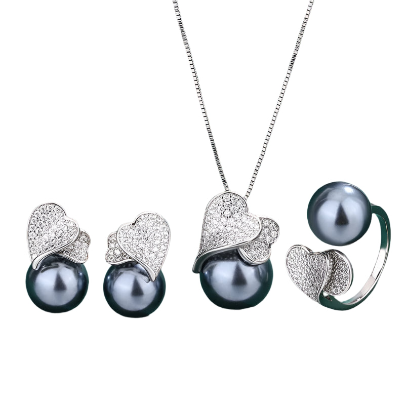 AVERLLA™ 925 Sterling Silver Double Heart with Big Pearl Earrings, Necklace, and Ring Set