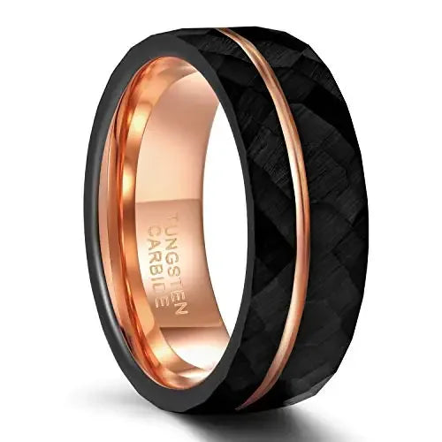 AVERLLA™ Black Tungsten Wedding Band with Rose Gold Groove & Hammered Design