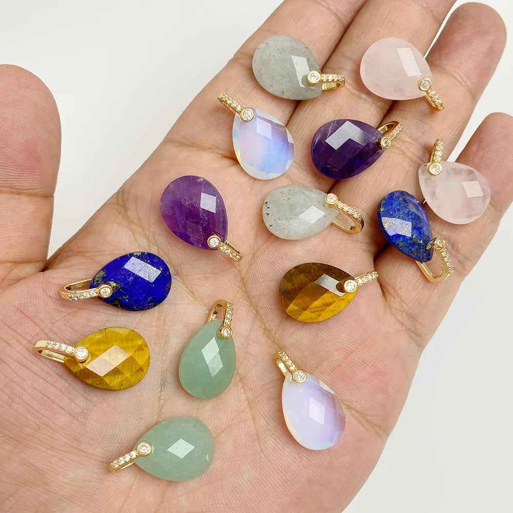 AVERLLA™ Faceted Water Drop Stone Pendants – Aventurine, Amethyst, Quartz