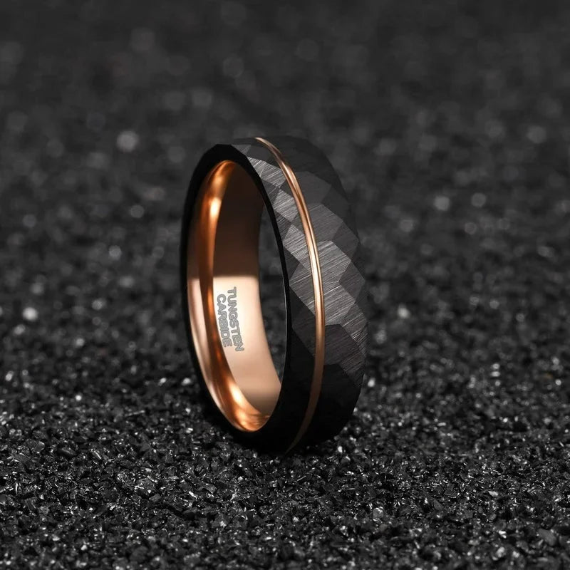 AVERLLA™ Black Tungsten Wedding Band with Rose Gold Groove & Hammered Design