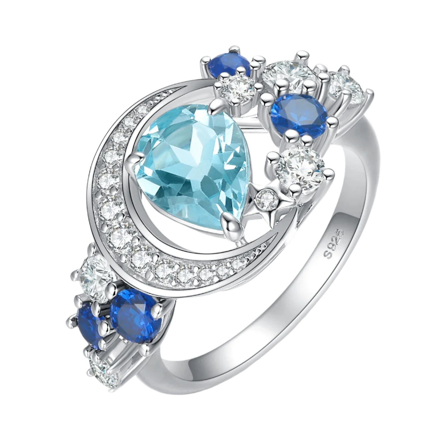 AVERLLA™ Celestial Moon & Star 6.8ct Genuine Sky Blue Topaz & Created Sapphire Statement Ring