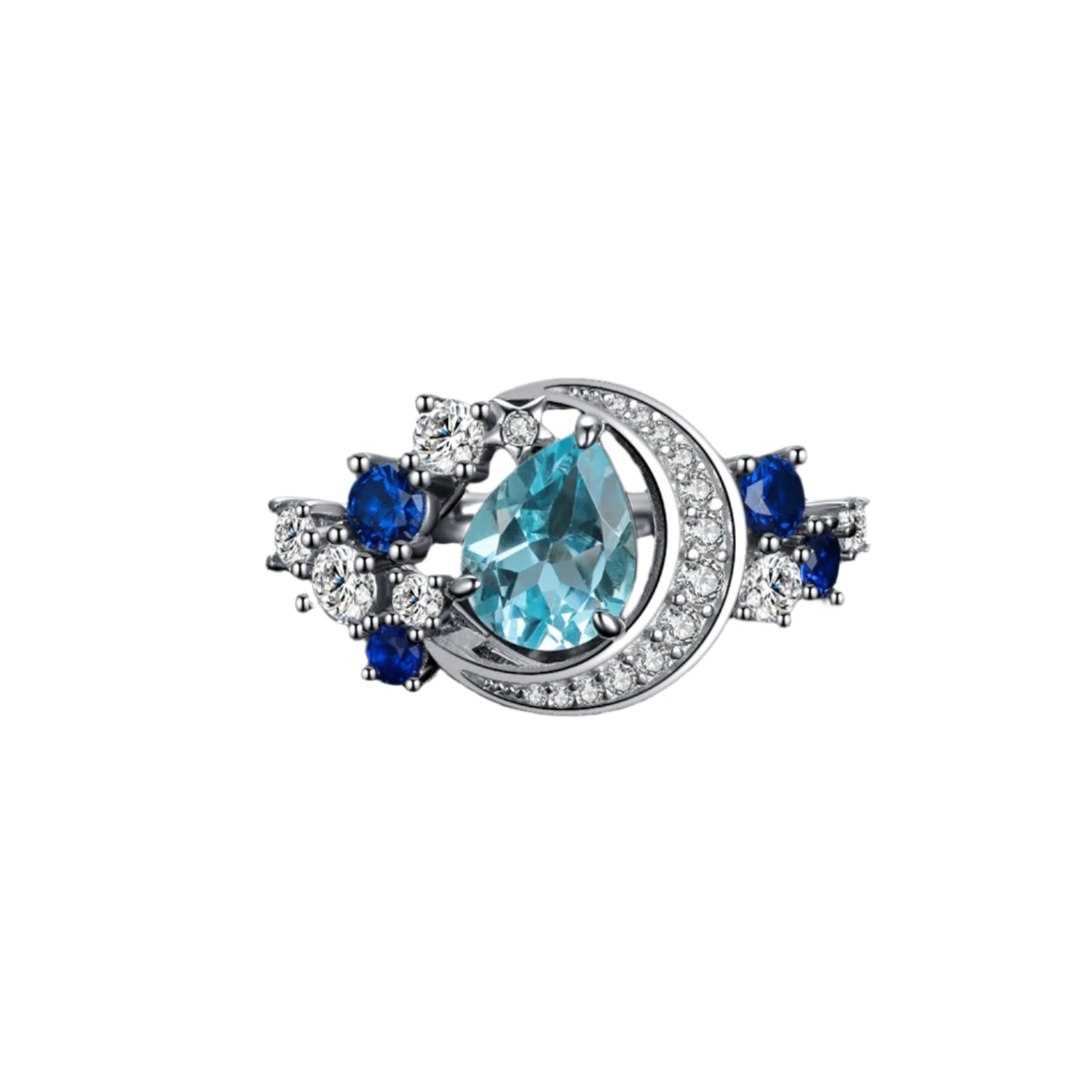 AVERLLA™ Celestial Moon & Star 6.8ct Genuine Sky Blue Topaz & Created Sapphire Statement Ring