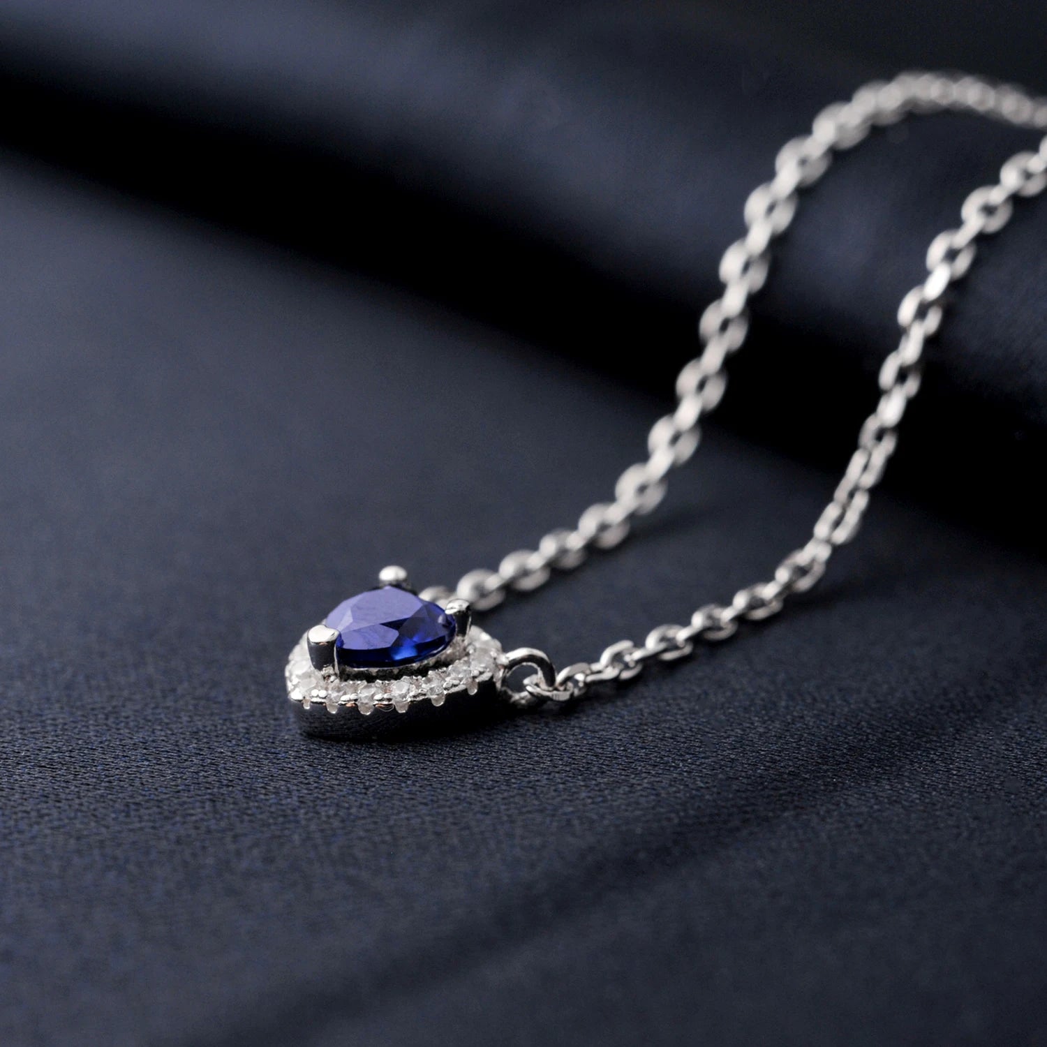 AVERLLA™ Heart Created Blue Sapphire Pendant Necklace in 925 Sterling Silver for Women