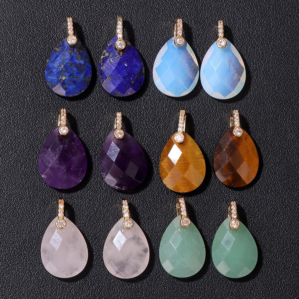 AVERLLA™ Faceted Water Drop Stone Pendants – Aventurine, Amethyst, Quartz