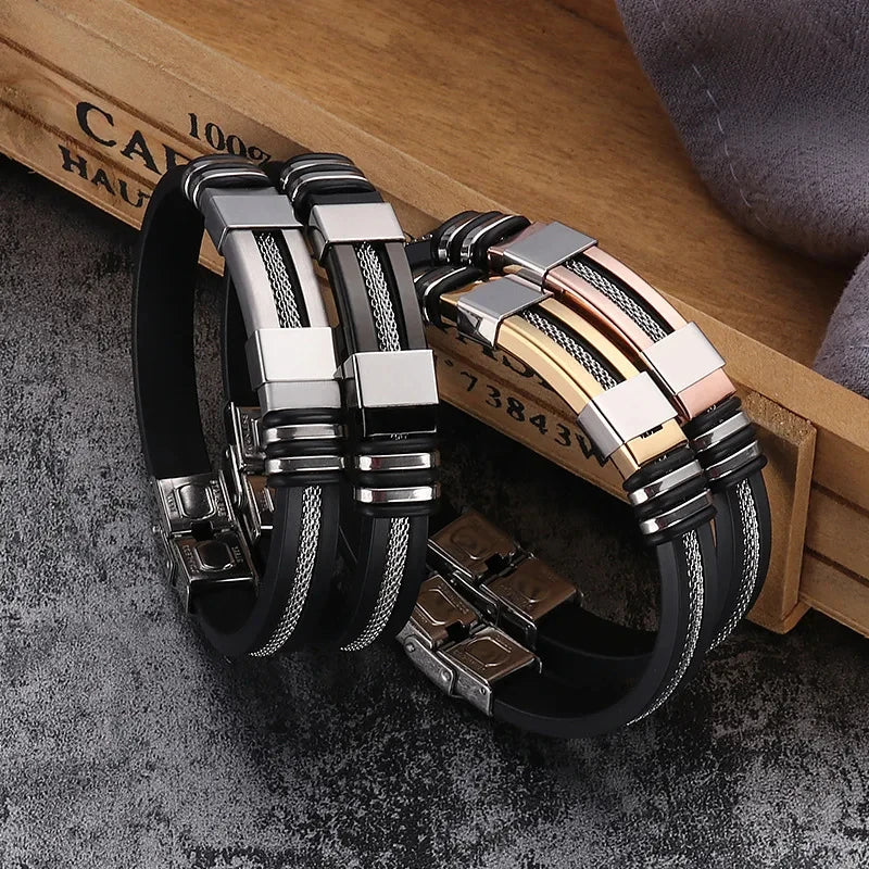 AVERLLA™ Black Grooved Rudder Stainless Steel Punk Bracelet