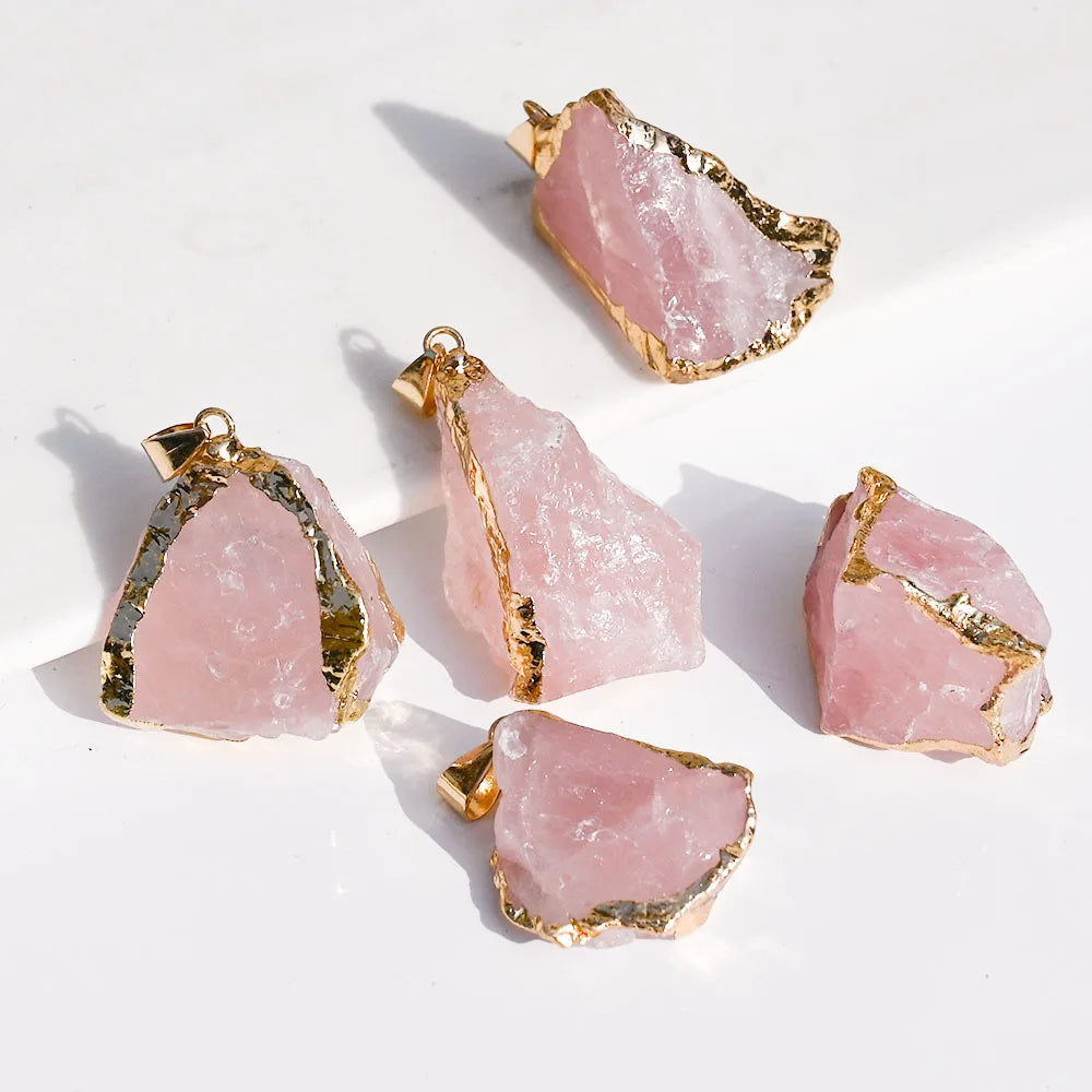 AVERLLA™  Natural Irregular Raw Stone Wire Wrapped Gilding Pendant Rose Quartz