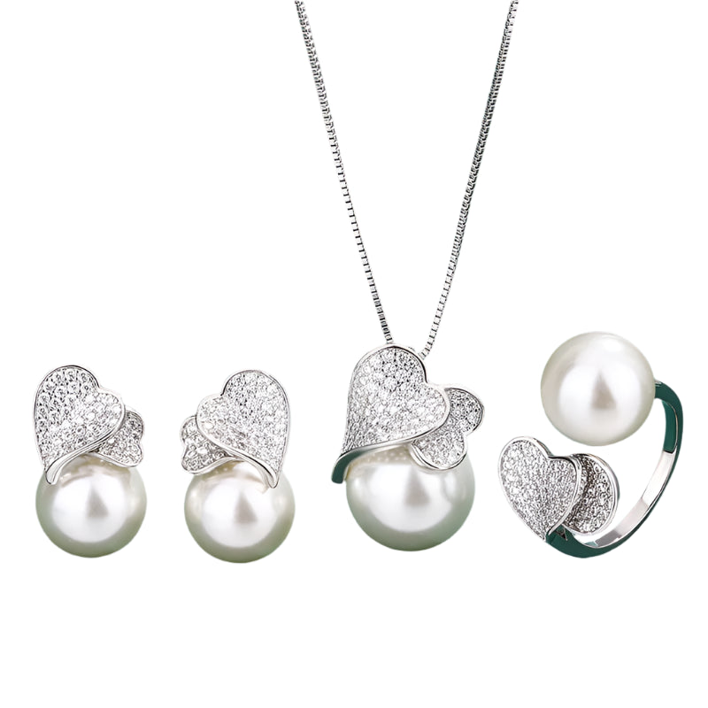 AVERLLA™ 925 Sterling Silver Double Heart with Big Pearl Earrings, Necklace, and Ring Set