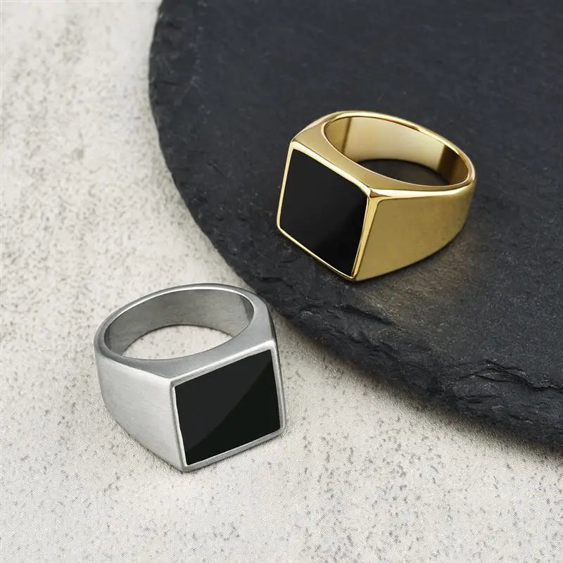 AVERLLA™ Black Glossy Stainless Steel Geometric Square Ring for Men