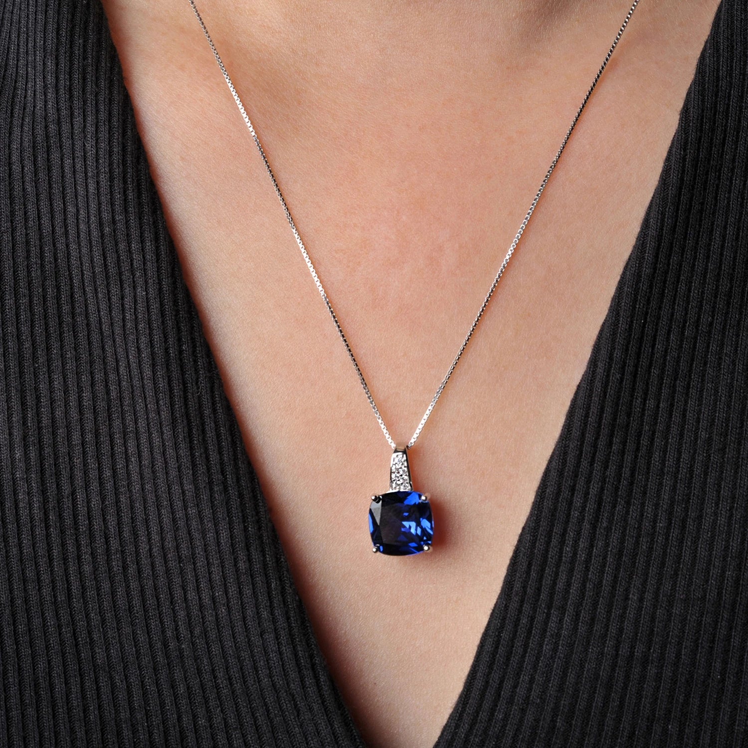 AVERLLA™ Cushion Created Sapphire & Nano Emerald Tanzanite Pendant Necklace in 925 Sterling Silver for Women