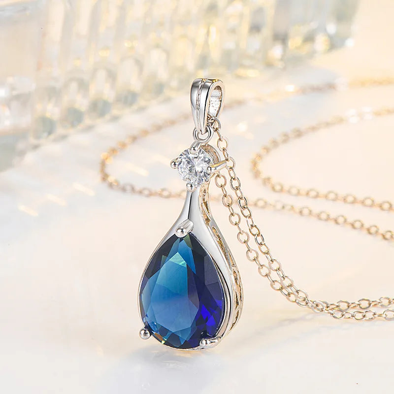 AVERLLA™ Luxe Radiance Sapphire & Zircon Water Drop Pendant Necklace for Women