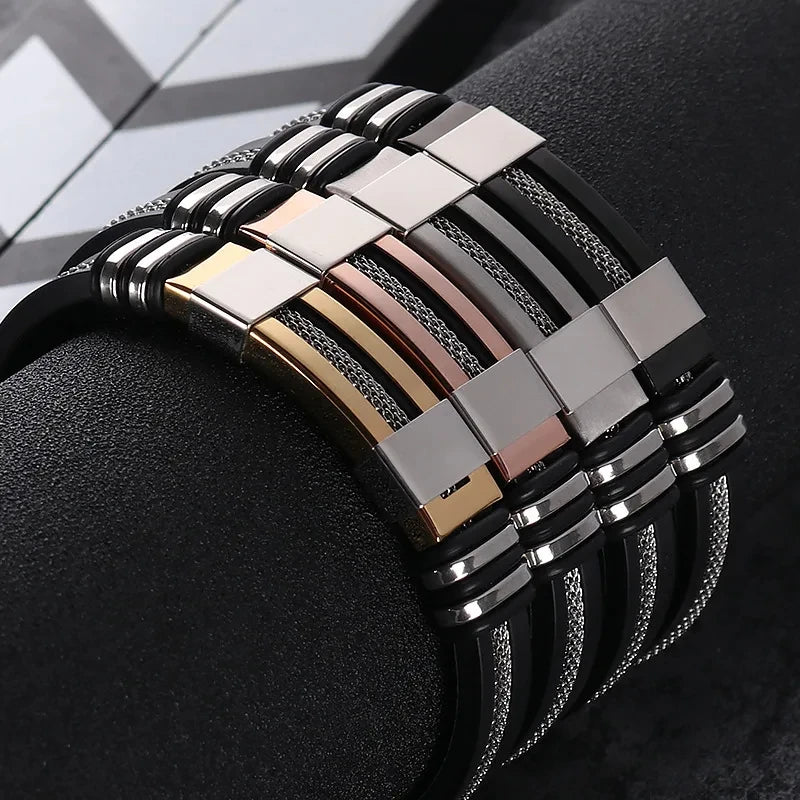 AVERLLA™ Black Grooved Rudder Stainless Steel Punk Bracelet