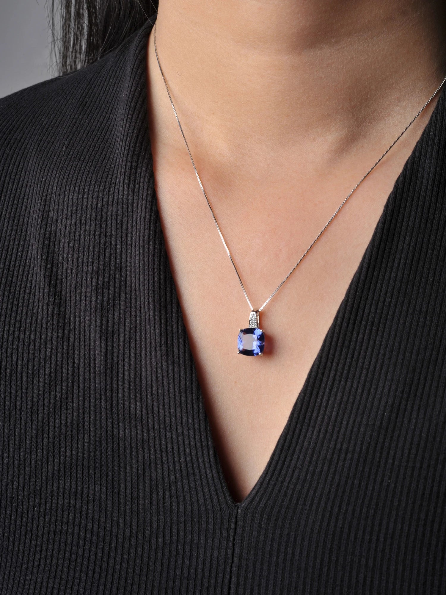 AVERLLA™ Cushion Created Sapphire & Nano Emerald Tanzanite Pendant Necklace in 925 Sterling Silver for Women