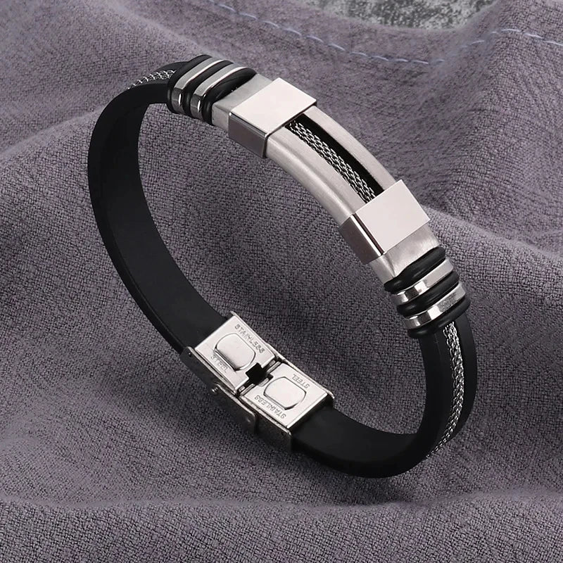 AVERLLA™ Black Grooved Rudder Stainless Steel Punk Bracelet