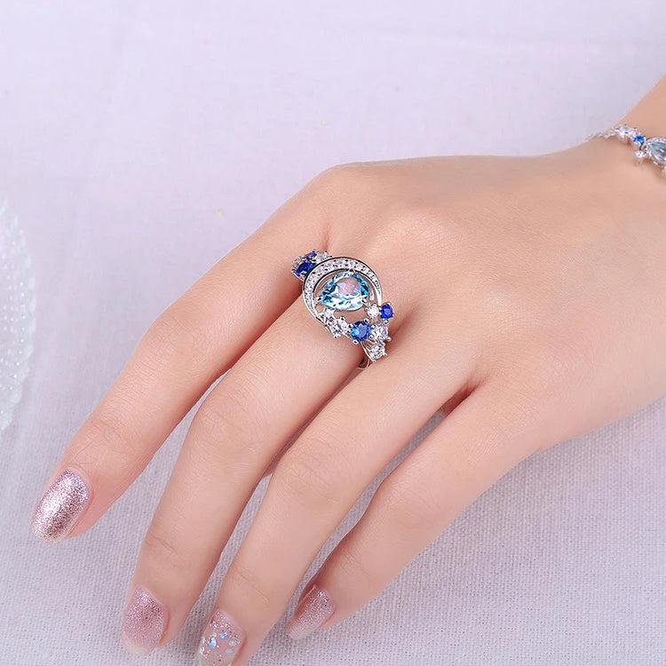 AVERLLA™ Celestial Moon & Star 6.8ct Genuine Sky Blue Topaz & Created Sapphire Statement Ring