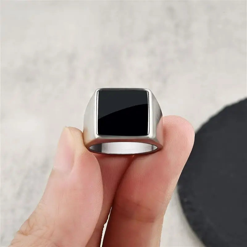 AVERLLA™ Black Glossy Stainless Steel Geometric Square Ring for Men