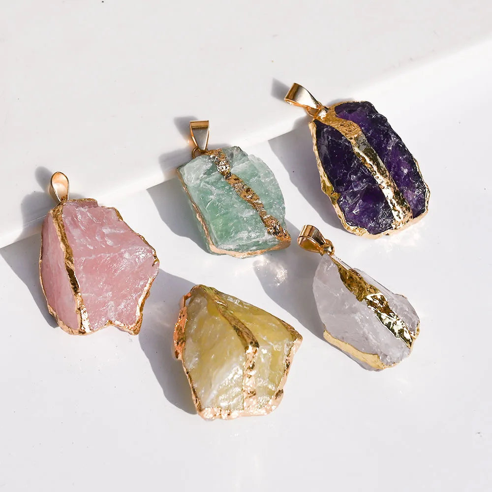 AVERLLA™  Natural Irregular Raw Stone Wire Wrapped Gilding Pendant Rose Quartz