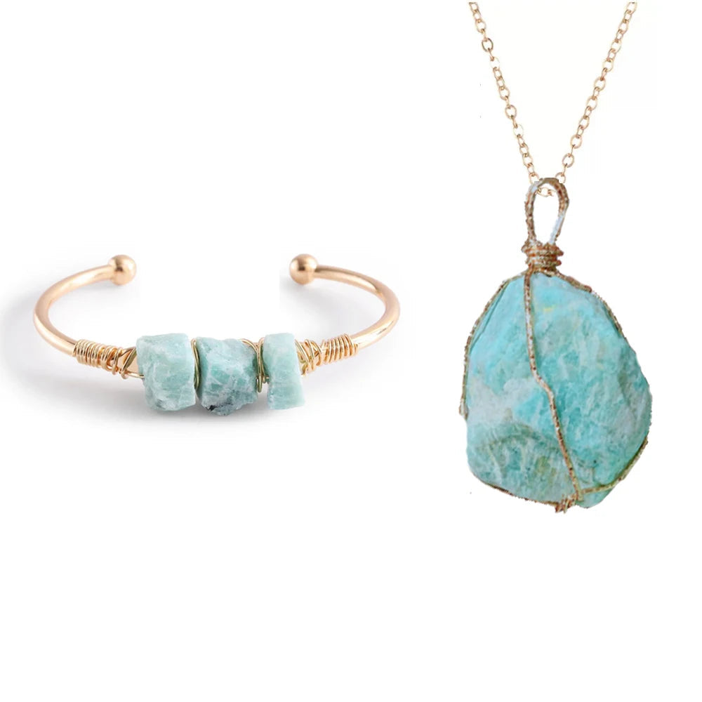 AVERLLA™ Natural Stone Cuff & Necklace Set – Amethyst & Amazonite Healing Crystals