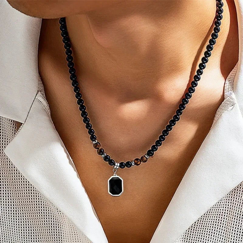 AVERLLA™ Urban Black Bead Square Pendant Necklace