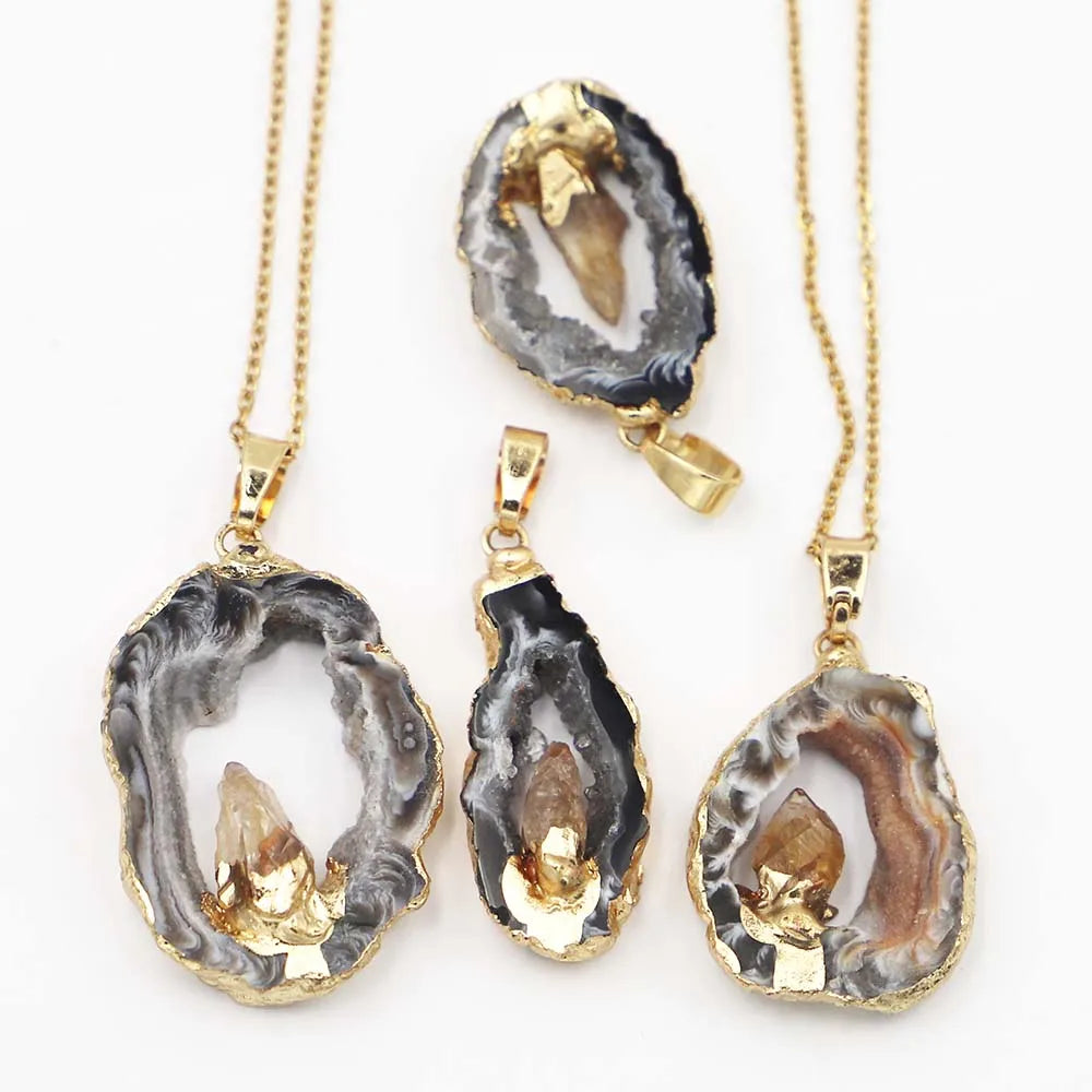 AVERLLA™ Natural Black Agate Druzy Necklace – Irregular Topaz Pendant Charm