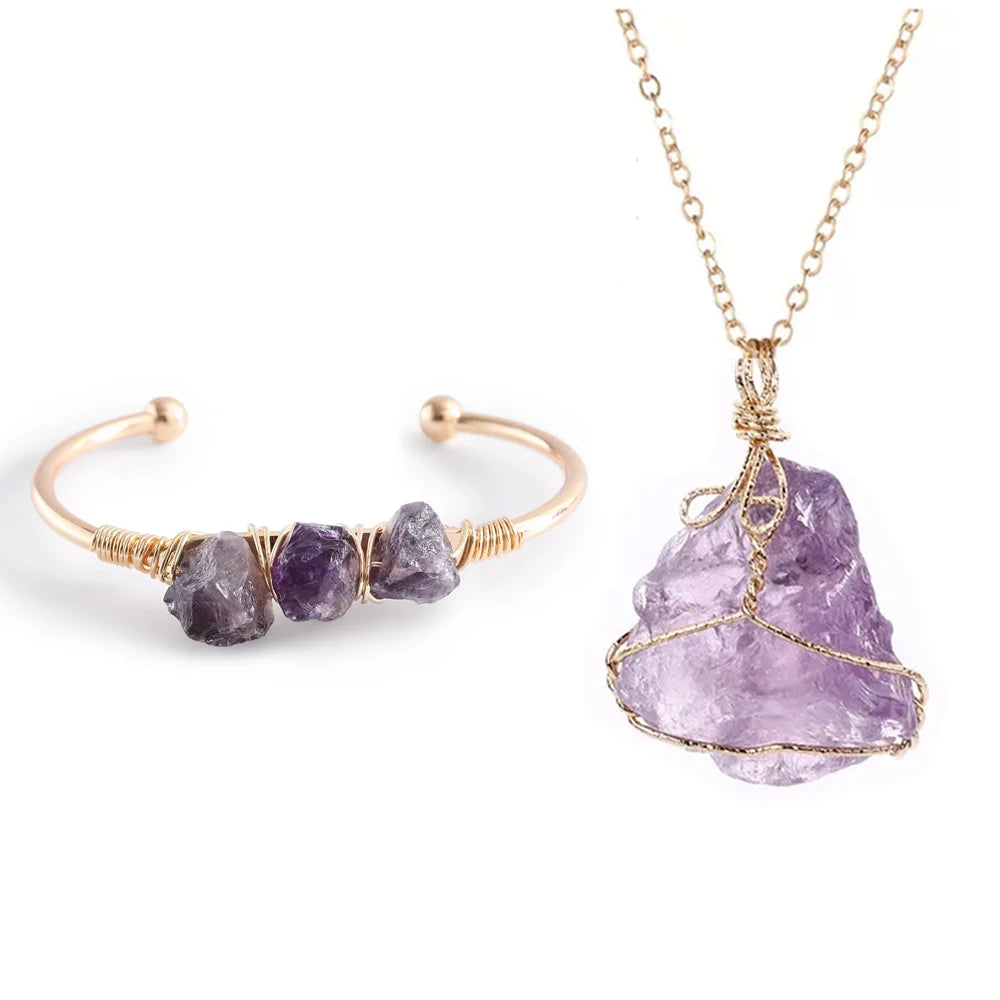 AVERLLA™ Natural Stone Cuff & Necklace Set – Amethyst & Amazonite Healing Crystals