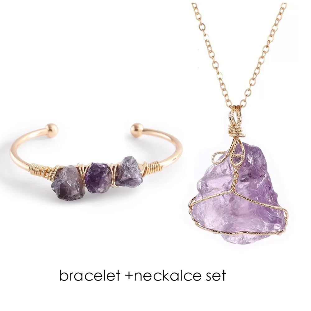 AVERLLA™ Natural Stone Cuff & Necklace Set – Amethyst & Amazonite Healing Crystals