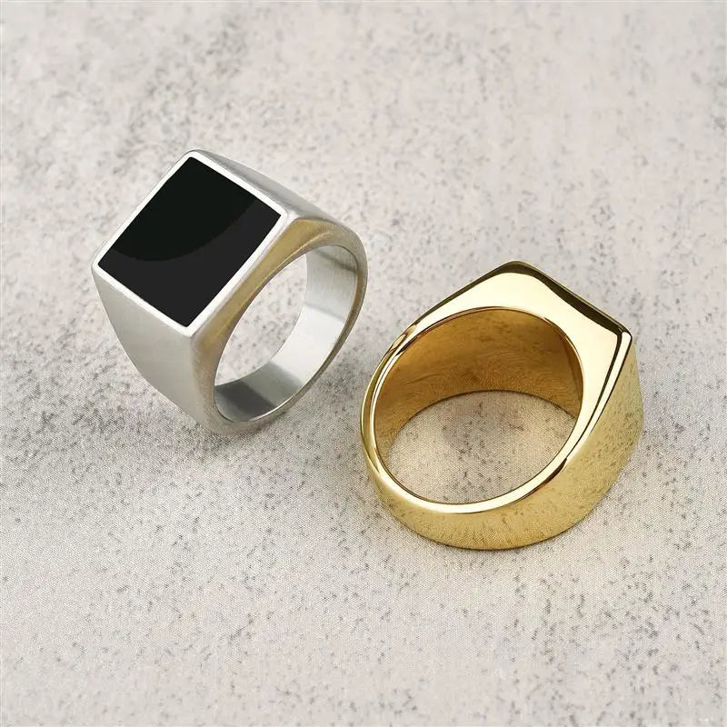 AVERLLA™ Black Glossy Stainless Steel Geometric Square Ring for Men