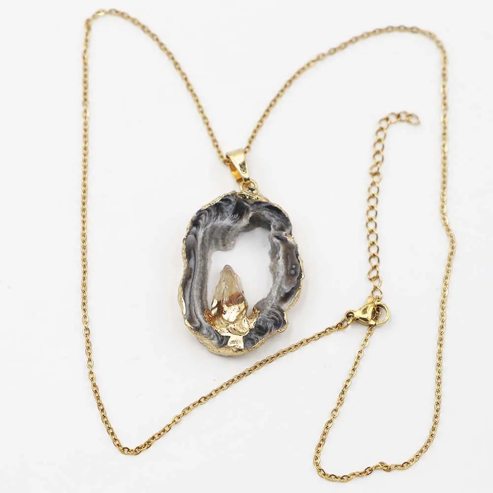 AVERLLA™ Natural Black Agate Druzy Necklace – Irregular Topaz Pendant Charm