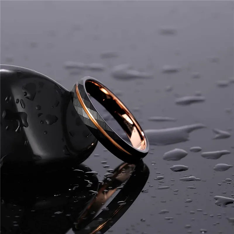 AVERLLA™ Black Tungsten Wedding Band with Rose Gold Groove & Hammered Design