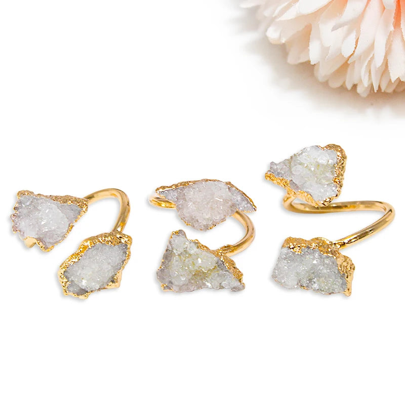 AVERLLA™ Irregular Druzy Stone Open Ring – Golden Handmade Crystal Cluster Adjustable Finger Jewelry