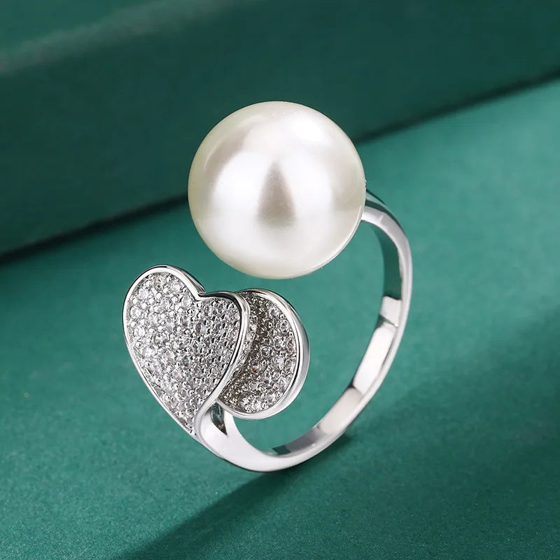 AVERLLA™ 925 Sterling Silver Double Heart with Big Pearl Earrings, Necklace, and Ring Set