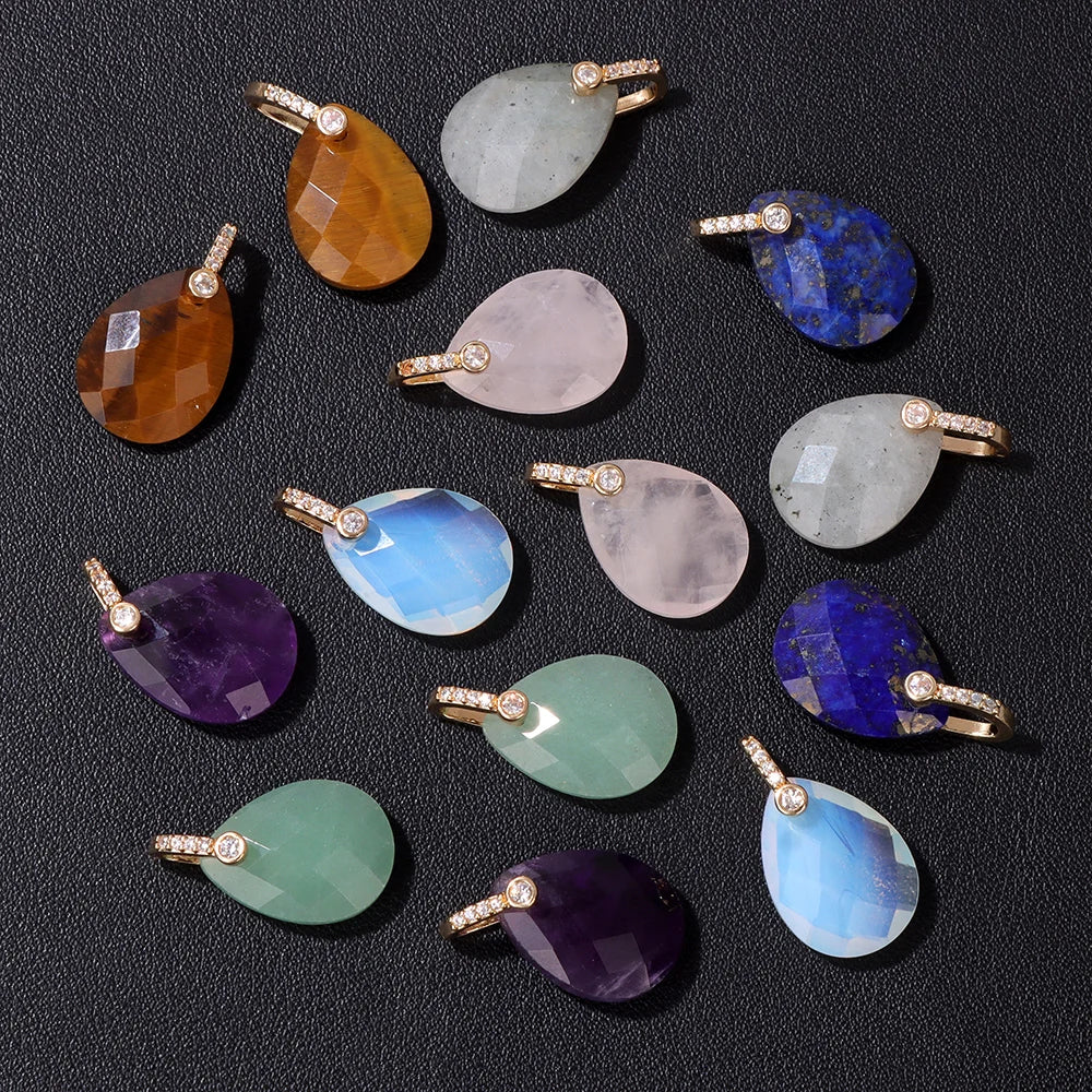 AVERLLA™ Faceted Water Drop Stone Pendants – Aventurine, Amethyst, Quartz