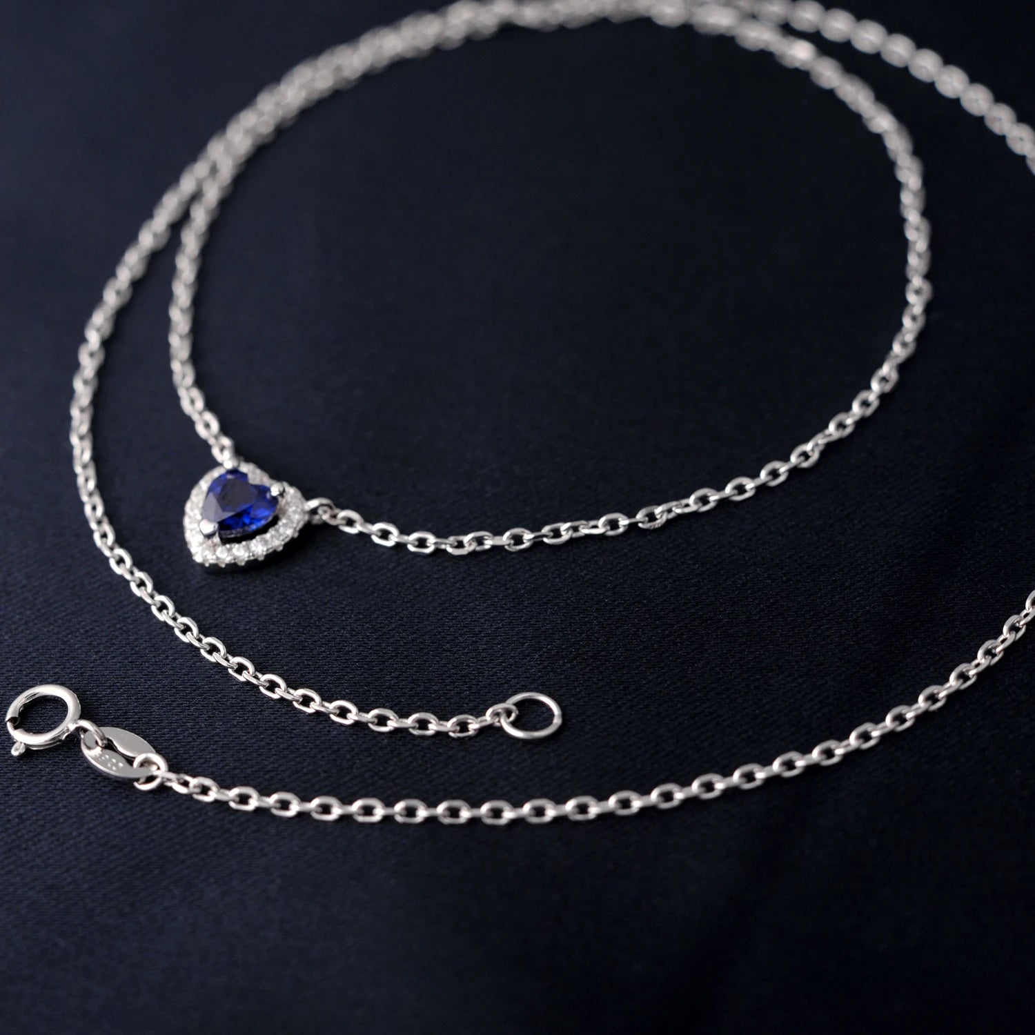 AVERLLA™ Heart Created Blue Sapphire Pendant Necklace in 925 Sterling Silver for Women