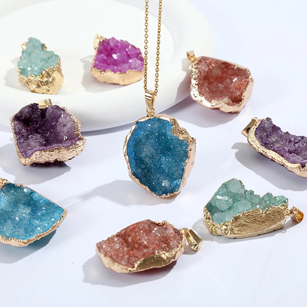 AVERLLA™ Natural Crystal Agate Geode Pendant Gemstone Dyeing Colorful