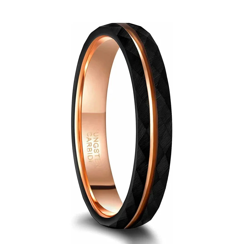 AVERLLA™ Black Tungsten Wedding Band with Rose Gold Groove & Hammered Design