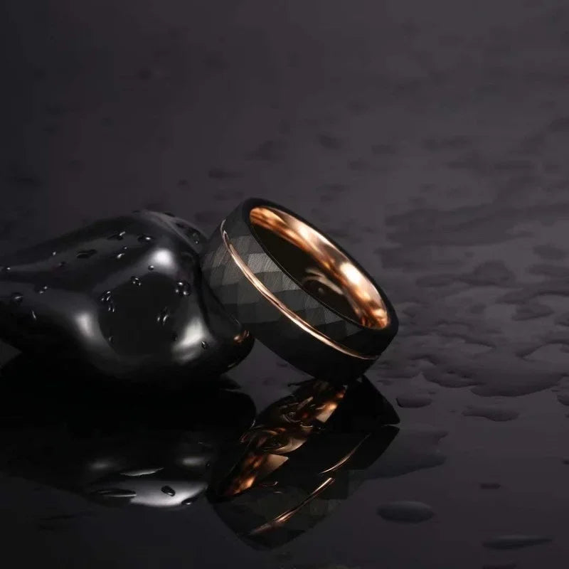 AVERLLA™ Black Tungsten Wedding Band with Rose Gold Groove & Hammered Design