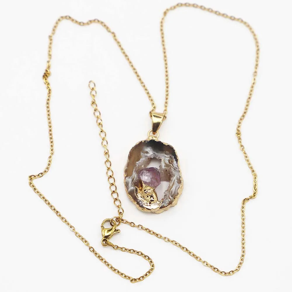 AVERLLA™ Natural Black Agate Druzy Necklace – Irregular Topaz Pendant Charm