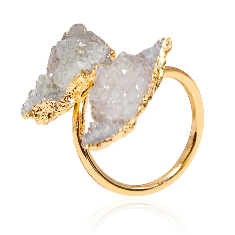 AVERLLA™ Irregular Druzy Stone Open Ring – Golden Handmade Crystal Cluster Adjustable Finger Jewelry