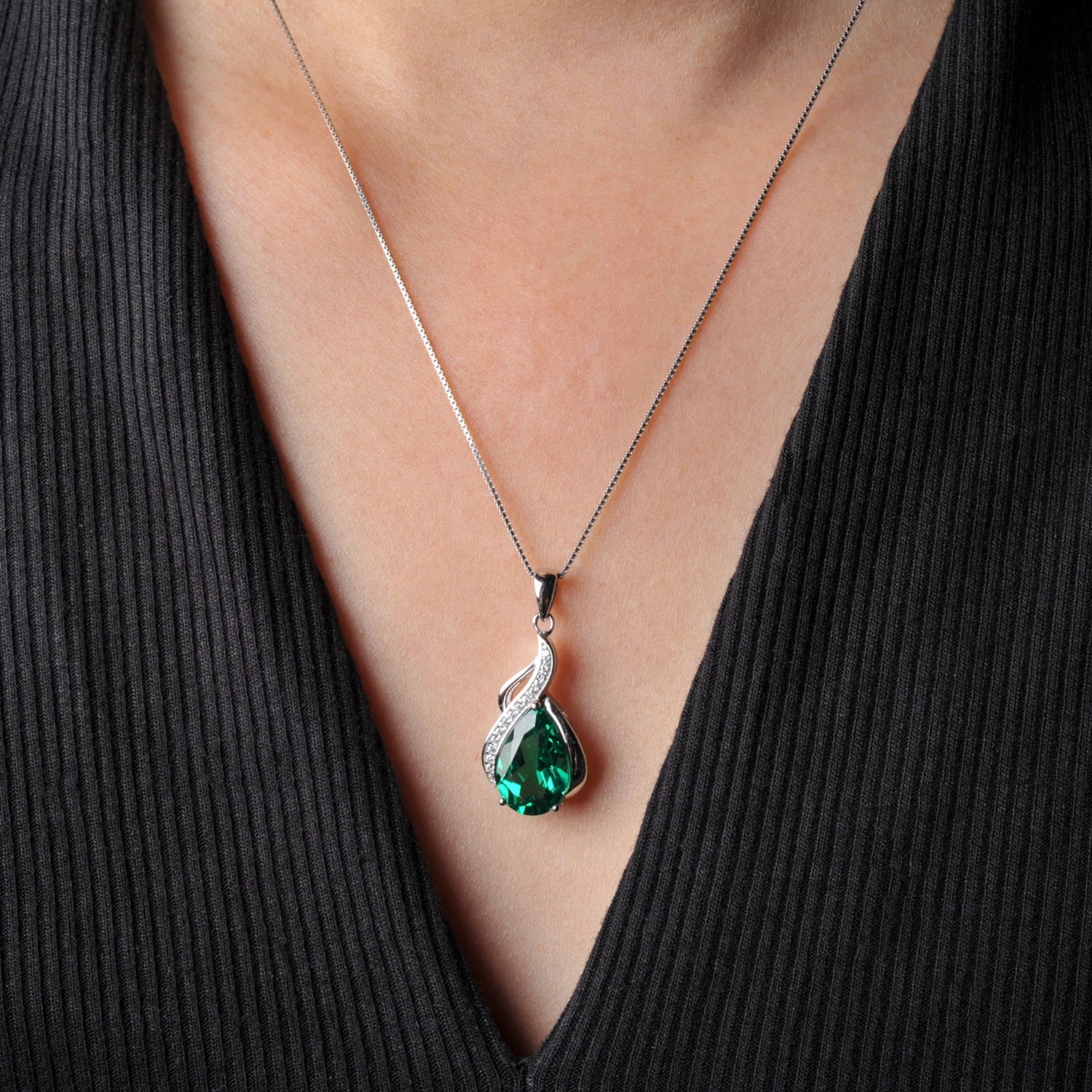 AVERLLA™ Radiant Nano Emerald Pear-Shaped Pendant Necklace in 925 Sterling Silver