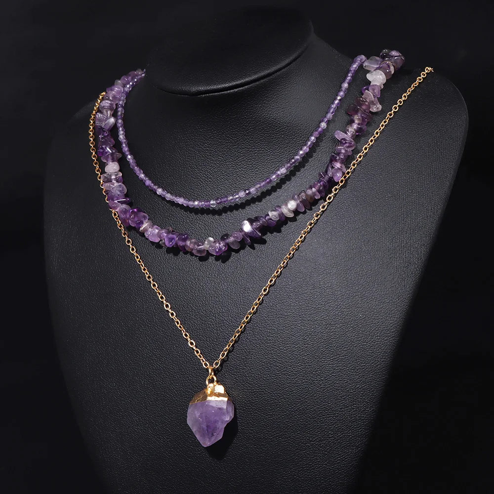 AVERLLA™ Natural Amethyst Pendant Necklace Set – Raw Quartz Energy Jewelry