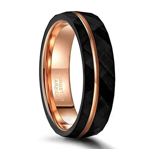 AVERLLA™ Black Tungsten Wedding Band with Rose Gold Groove & Hammered Design