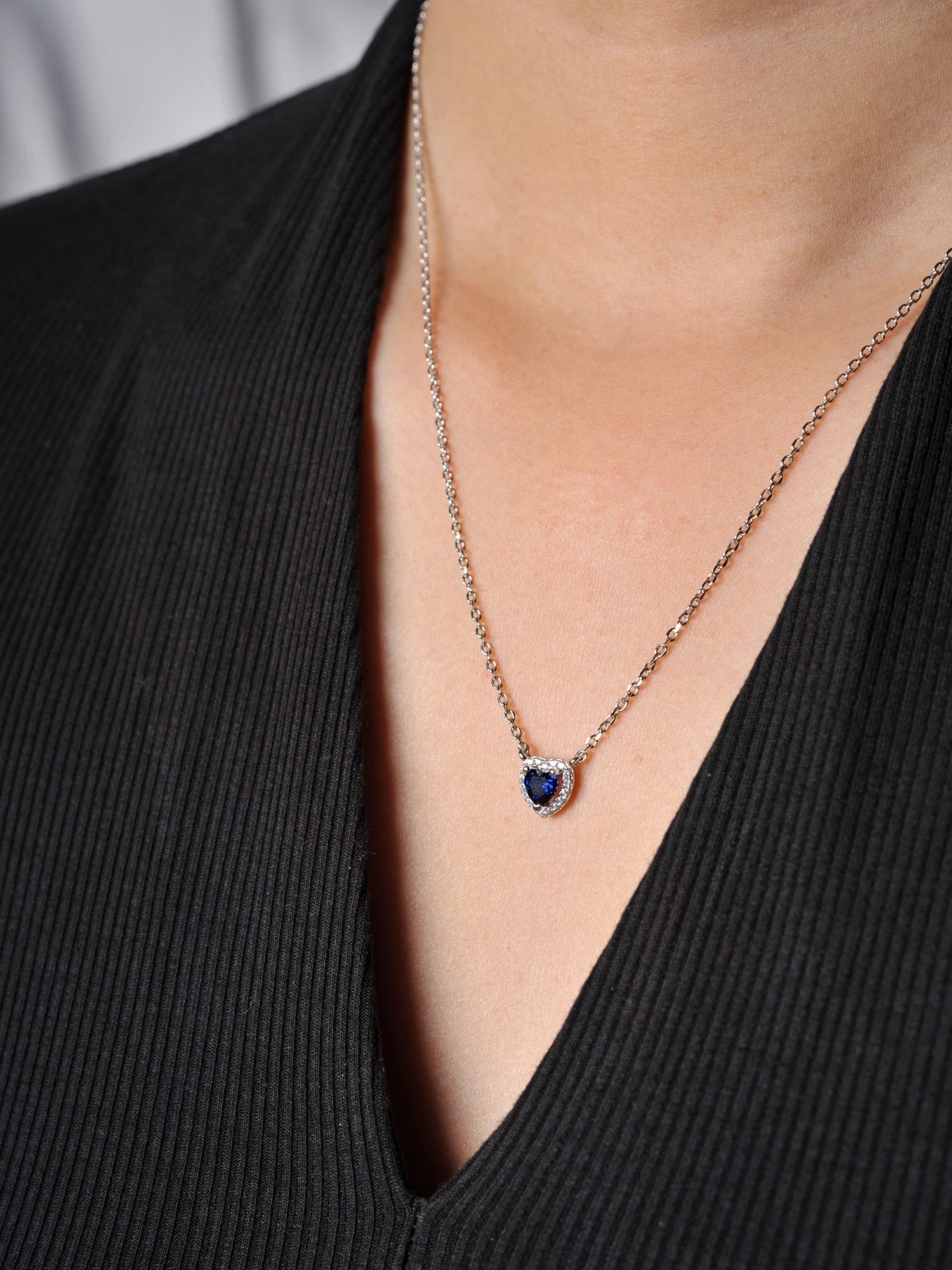 AVERLLA™ Heart Created Blue Sapphire Pendant Necklace in 925 Sterling Silver for Women