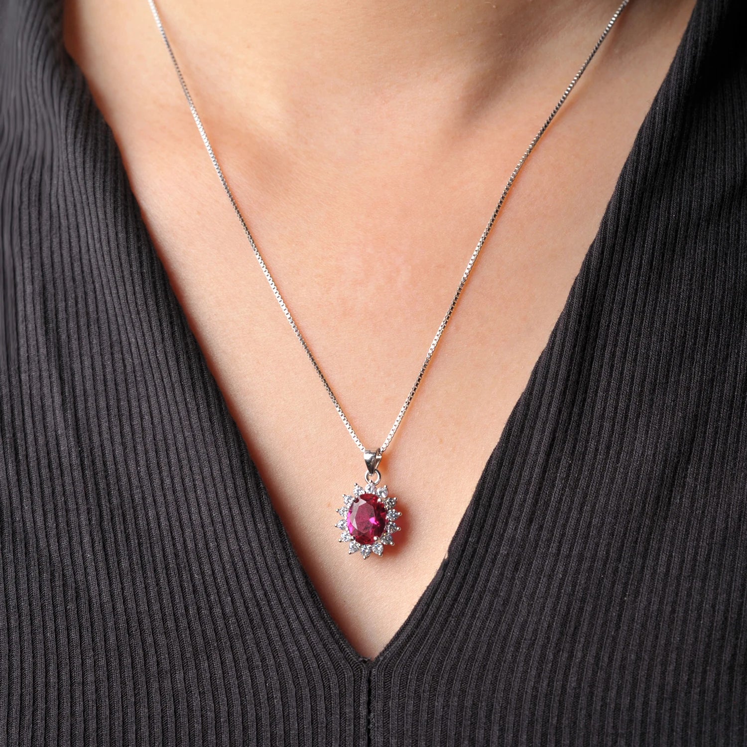 AVERLLA™ Oval 2.67ct Created Sapphire & Ruby Nano Emerald Diana Pendant Necklace in 925 Sterling Silver