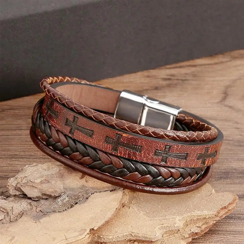 AVERLLA™ Valor Cross Hand-Woven Leather Bracelet