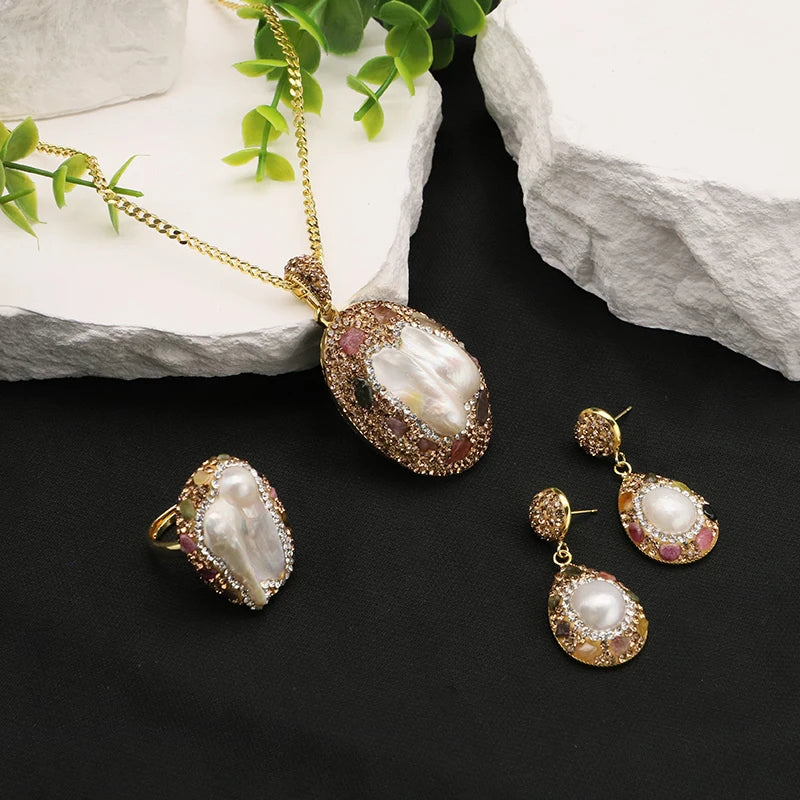 AVERLLA™ Elegance Bloom Baroque Pearl & Tourmaline Jewelry Set