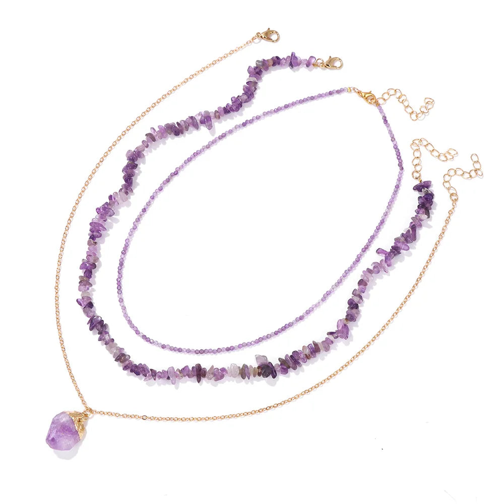 AVERLLA™ Natural Amethyst Pendant Necklace Set – Raw Quartz Energy Jewelry